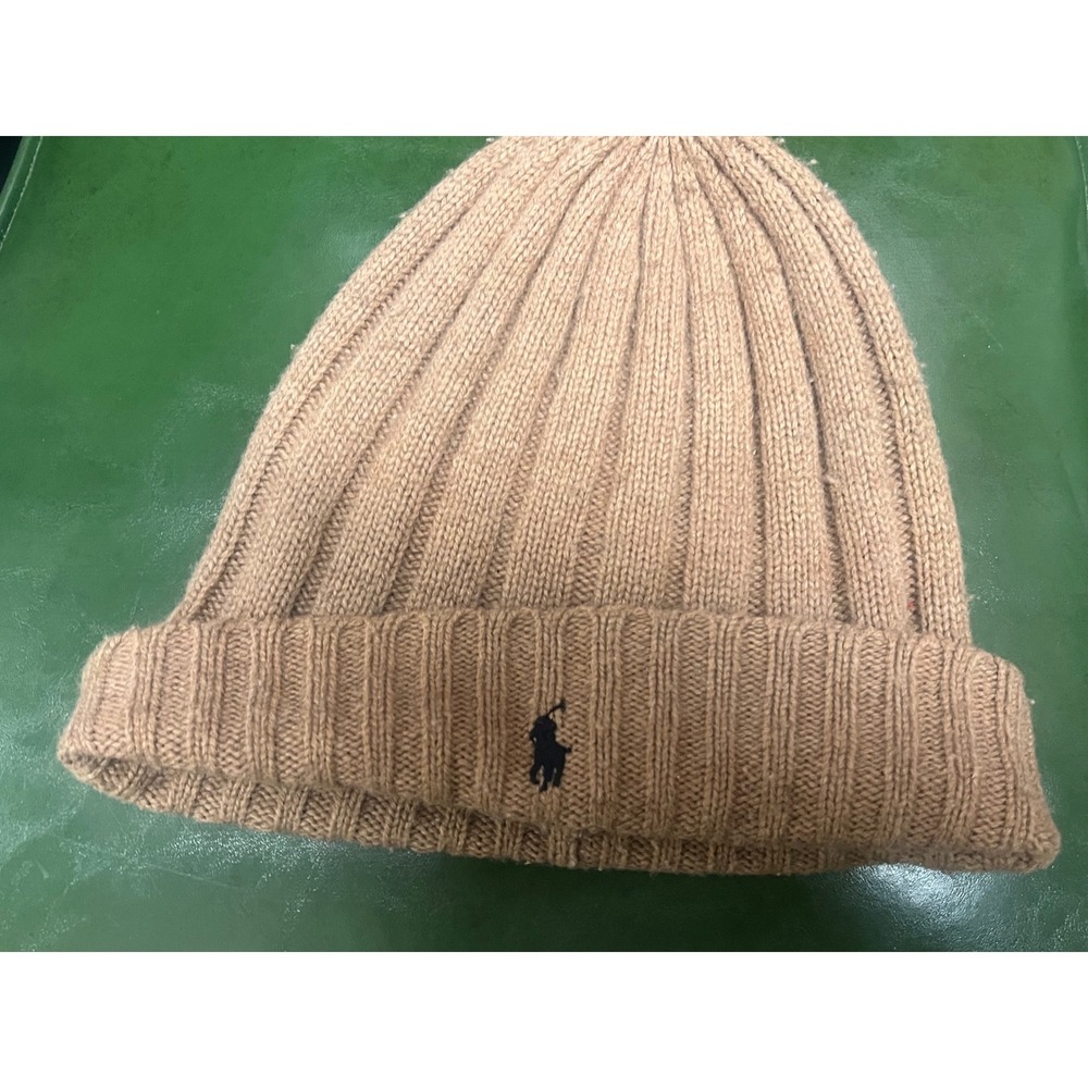 Polo Ralph Lauren Mens Ribbed Knit Beanie Camel Tan Pony Logo Winter Hat